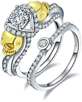 Jrose 18k Gold Skull 925 Sterling Silver Created Cubic Zirconia Anniversary Wedding Rings Set (8)