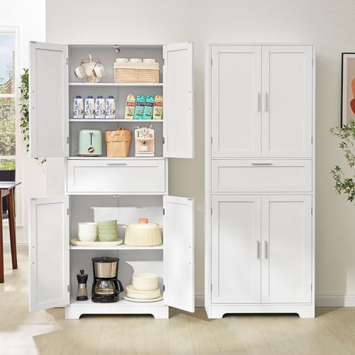 FIONESO 67" Tall Pantry Cabinet, Kitchen Pantry Storage Cabinet with 1 Large Drawer & 2 Adjustable Shelves, Freestanding Cupboard Buffet for Kitchen, Bathroom, White