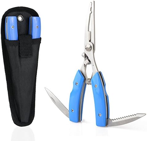 ESOW Fishing Pliers Saltwater 5 in 1 Multi Tool Curved Nose Scissors Fishing Line Cutters Braid Cutters Hook Removers with 2 Sharp Blades with Nylon Sheath Stainless Steel Anti Corrosion,Blue