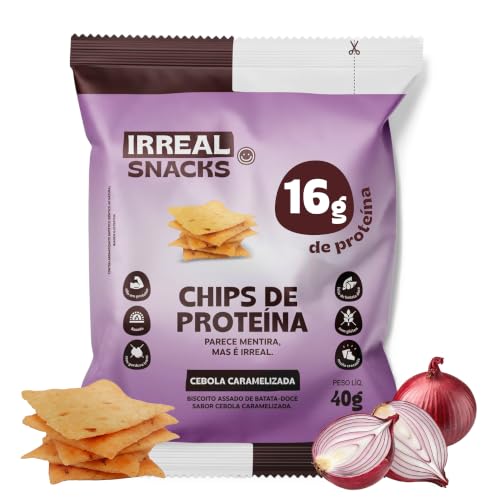 Irreal Snacks, Snack Proteico Salgado, Sabor Cebola Caramelizada, 40g, Feito com Batata Doce, Caseinato de Cálcio e Proteína de Arroz