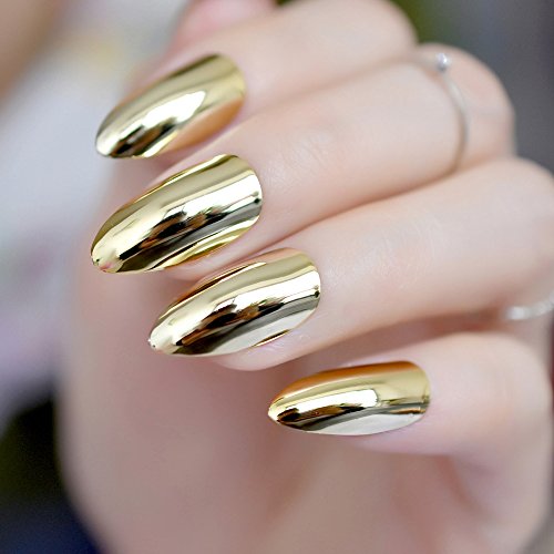 96Pcs Stiletto Fake Nails Full Cover Metal Mirror Reflection Glitter Sequins Medium Length False Acrylic Nail Kits（Gold and Silver Multicolor Mixed Series） - Thumbnail 4