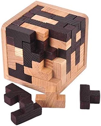 WISDOMTOY 3D Wooden Brain Teaser Cube Genius Skills Builder T-Shaped Tetris Blocks Geometric Jigsaw Logic Puzzle Educational Desk Toy Gifts for Kids and Adults