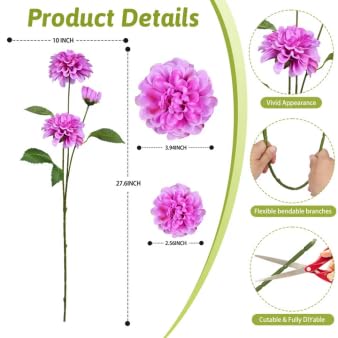 INXUGAO ARTIFICIAL FLOWERS FOR VASE,6 BUNCHES FAKE 27.5“ LONG STEMS SILK POMPON DAHLIA FOR INDOOR OUTDOORS HOME DECOR, FRONT DOOR PORCHES YARD PATIO GARDEN PLANTERS – [2 PURPLE + 2 ROSE RED + 2 PINK]