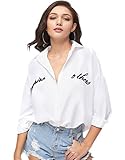 Romwe Women's Long Sleeve Casual Blouse Letter Print Collar Button up Shirt