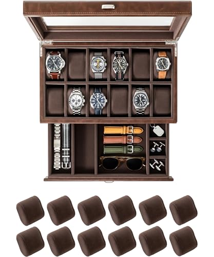 TAWBURY Bayswater 12 Slot Watch Box with Drawer (Brown) with a Set of 12 X-Small Pillows to Fit 5.5-6.5