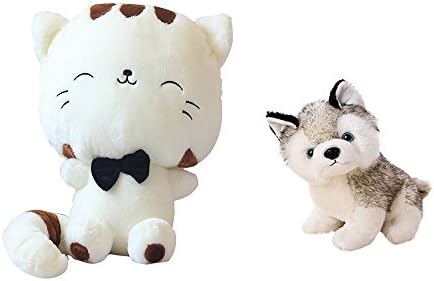 KateDy 9" Cute Stuffed Husky Dog Plush Toy Dolls,with 11.8" Sitting Height Stuffed Cat White Dude Plush Doll Ragdoll Toys Cat Pillow