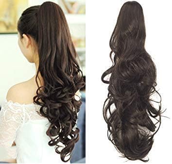 Wizme Curly Hair Clutcher Extension For Women And Girls Synthetic Ponytail 22 Inch Long Hair Extension For Ladies Hair Accessories 80 Gram (Dark Brown) Pack Of 1