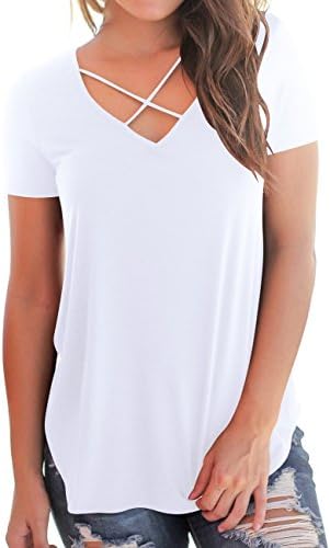DawnRaid Women's V-Neck Criss Cross Front T-Shirt Tops Casual Tshirts Short Sleeve