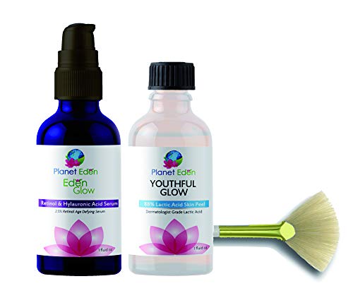 Planet Eden 88% Lactic Acid Skin Chemical Peel Kit with Hyaluronic Acid and 2.5% Retinol Serum and Fan Brush - Professional Grade - Lighten Dark Spots, Tighten Skin, Fade Wrinkles/Fine Lines