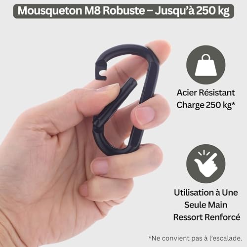 NEXAFIX M8 Stainless Steel Black Carabiner 8 cm (Pack of 2) – 250 kg Hook Carabiner Key Ring for Hammock Swing Dog Camping Hiking