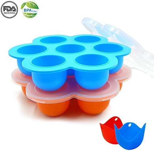 2 Pack Silicone Egg Bites Molds for Instant Pot, Tossow Reusable Baby Food Storage Containers, Silicone Freezer Trays with Lid - BPA Free &amp; FDA Approved - Bundle with 2 Bonus Egg Poacher