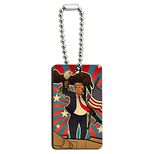 Patriotic Donald Trump with Eagle American Flag Gun Wood Wooden Rectangle Keychain Key Ring