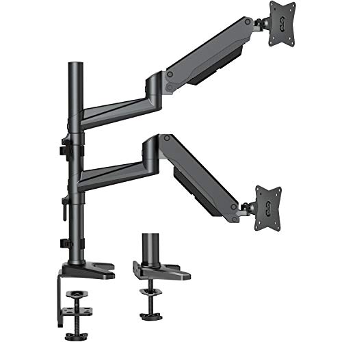HUANUO Dual Monitor Mount Stand – Aluminum Gas Spring Arm Height Adjustable Monitor Desk Mount VESA Bracket for 2 17 to 32 Inch LCD Computer Screens with C Clamp, Grommet Base