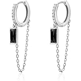 SLUYNZ 925 Sterling Silver Dangle Hoop Earrings for Women Minimalist Black CZ Hoop Earrings Tassel Chain