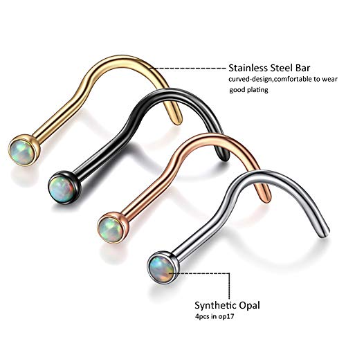 Xpircn 4PCS 20G Stainless Steel Nose Ring Studs 2mm Opal Nose Rings Screw Piercing Jewelry 4 Colors - Thumbnail 2