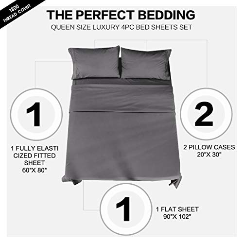 Abakan Queen Bed Sheets Set 4 Piece Microfiber 1800 Series Hotel Luxury Bedding Sheet Breathable, Wrinkle Fade Resistant Soft Sateen Weave Deep Pockets Bedding Set (Queen, Dark Grey)
