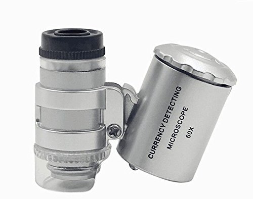 Carebol Mini 60x Microscope LED UV Light Pocket Jewelry Magnifier Jeweler Loupe Currency Magnifier Adjustable Loupe Silver