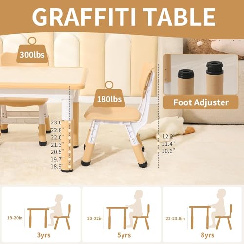 Kids Table and 2 Chairs Set, Height-Adjustable Toddler and Desk and Chair, Children Activity Graffiti Desktop for Classroom Daycare Home, 3-Piece Set Yellow Beige