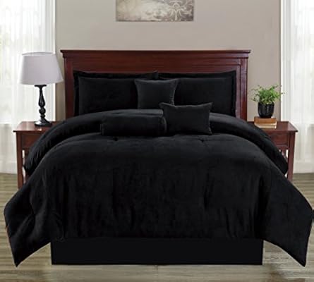 Amazon Com 7 Piece Micro Suede King Bedding Solid Black Comforter
