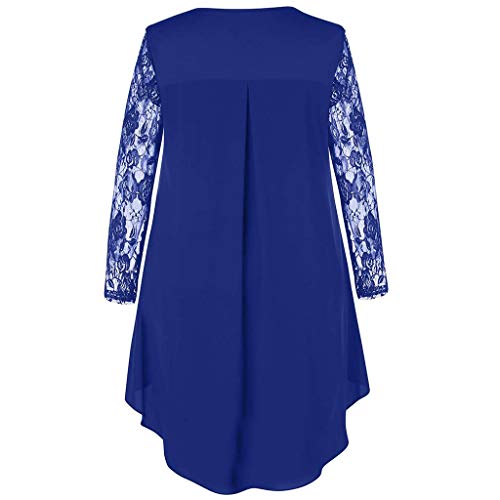 Women's Casual Plus Size Dress Sheer Lace Sleeve High Low Hem Dress O-Neck Swing Dress Blue - Thumbnail 2