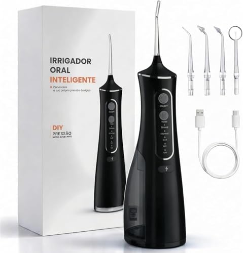 Irrigador Oral & Bucal Portátil Recarregável -Tanque 300ml - Limpeza Profunda com 4 Níveis de Pressão, 4 Ponteiras, À Prova d’Água - Jato Dental Ideal para Aparelhos Ortodônticos, Implantes e Gengivas