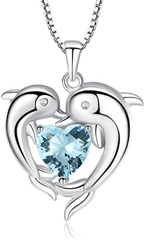 Sterling Silver Double Dolphin with Light Blue CZ Heart Pendant Necklace, Jewelry for Women, Girl, 18"