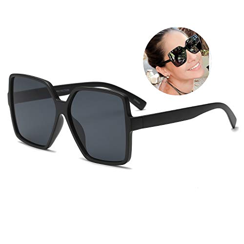 GRFISIA Square Oversized Sunglasses for Women Men Flat Top Fashion Shades (Black Frame/Black Lens, 2.36) - Thumbnail 2