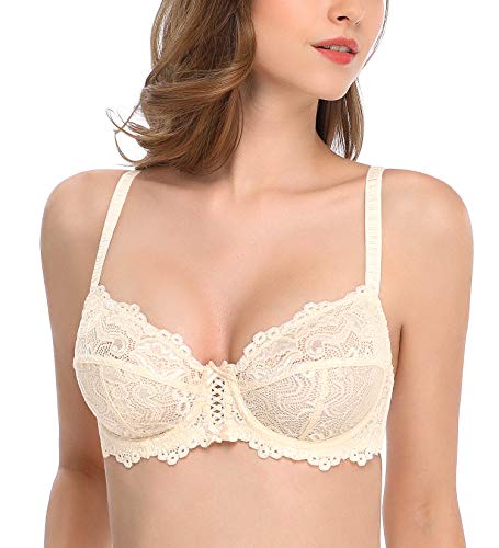 Deyllo Women’s Sheer Lace Bra Underwire Unlined Bra Full Coverage Non Padded(Beige,38DDD