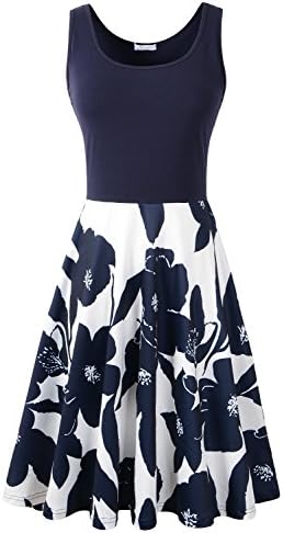 LOUQIS Women Floral Sleeveless Casual Fit Swing Party Dress (S, White blue)