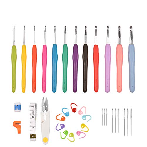 Crochet Hooks, 12 Crochet Hooks with Ergonomic Handles, 9 Long Eye Blunt Needles for Knitting, 10 Pcs Stitch Markers, Measure Tape, Row Counter, Thread Cutting Ring, and Scissor (35 Pack) - Thumbnail 6