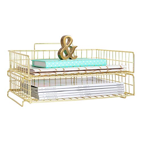 Blu Monaco Gold Desk Organizer Stackable Paper Tray Set of 2 - Metal Wire Two Tier Tray - Stackable Letter Tray - Inbox Tray for Desk