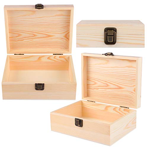 ADXCO 3 Pack Unfinished Wood Treasure Chest Decorative Wooden Box Pine