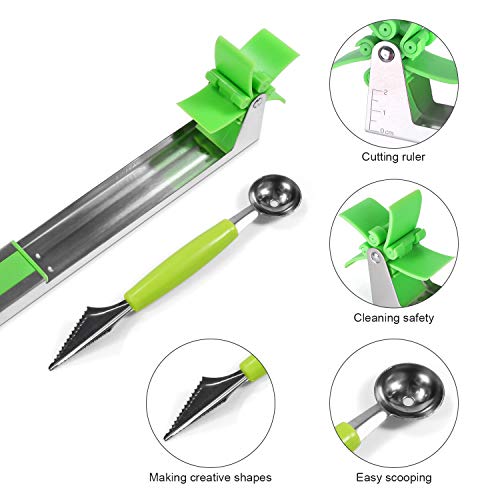 [2019 Upgrade] Windmill Watermelon Cutter - Premium Stainless Steel Watermelon and Cantaloupe Slicer Fruit Knife - Creative Cutter Tongs Corer Fruit Tools Kitchen Gadgets Set with 2 in 1 Melon Baller - Thumbnail 2