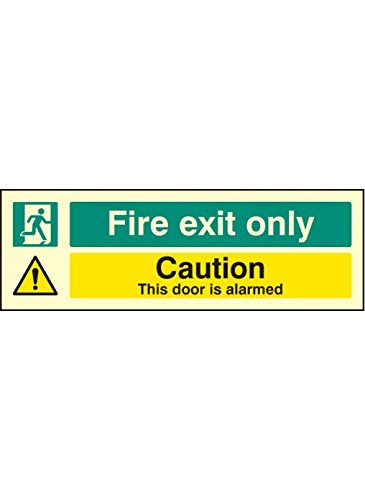 Caledonia Signs 32061G "Fire Exit Only Caution This Door Is Alarmed" Sign, Photo luminescent Rigid, 300 mm x 100 mm
