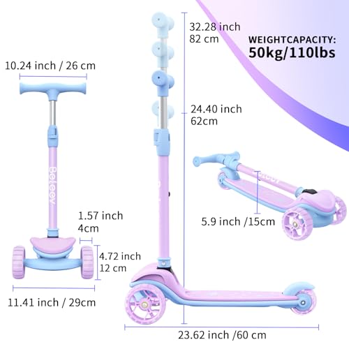 BELEEV A8 Children’s Scooter, 3 to 12 Years Old, Kids’ Folding Scooter with 3 Wheels and LED Lights, 4 Adjustable Heights, Non-Slip Bridge, Scooter for Children and Girls, Childhood Gift