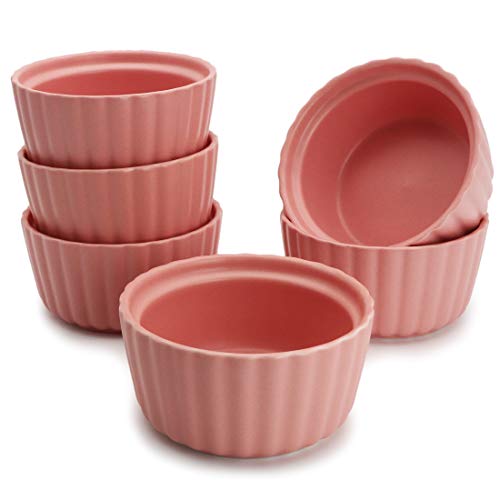 BonNoces 5 Ounce Porcelain Ramekins/Souffle Dishes - Elegant Matte Color Baking Cup for Pudding, Ice Cream and Creme Brulee - Set of 6 (Pink)