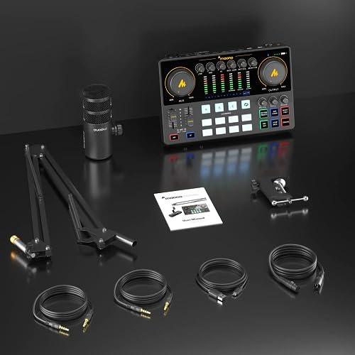 MAONO Mezclador Interfaz Audio de 10 Canales con Micrófono Dinámico XLR, Caster Podcast Kit con Preamplificador Profesional, 48V, Bluetooth para Podcast, Stream, TikTok, PC, Celular(AME2C Pro)