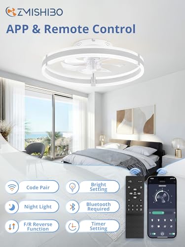 Low Profile Ceiling Fans with Lights and Remote, 19.7'' Modern Flush Mount Ceiling Fan, Dimmable LED Small Fan Light, 6 Speeds, Fandelier Fans with LED Light for Bedroom, White