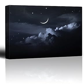 Crescent Moon and Stars Above Dark Clouds - Canvas Art Home Art - 12x18 inches