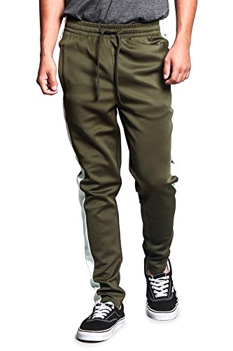 G-Style USA Men's Regular Cuff Non-Ankle Zip Contrast Outer Side Stripe Slim Fit Stretch Drawstring Track Pants TR522 - Olive/Off-White - X-Large - S1C