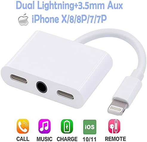 Lightning to 3.5mm Headphone Jack Adapter, 3 in 1 Lightning (Dual Lightning port) + 3.5mm Audio Headphone Adapter, Music &amp;Call &amp;Charge Adapter, Charge Splitter Compatible for iPhone X / 8 / 8 Plus / 7