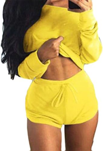Frieed Women's 2 Pieces One Shoulder Tops With Hot Pants Traksuit Outfit Set Yellow L