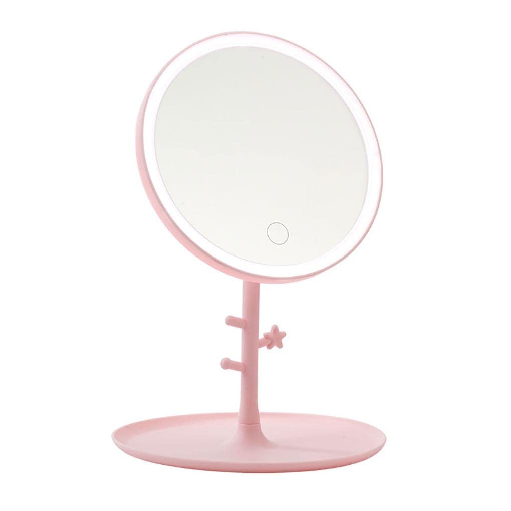 GRSTREE Make Up Mirror with LED Light, Rechargeable Touch Dimming Detachable Portable Table Mirror, 3 Color Light Brightness Adjustable (Pink)