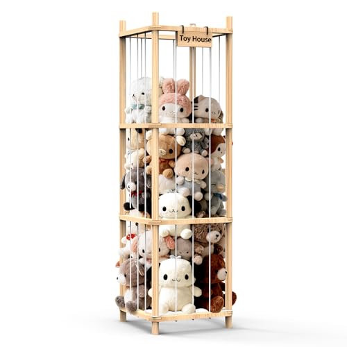 Stuffed Animal Organizer with Elastic Band, Zoo Plush Toy Storage Holder for Nursery, Toddler Room, Playroom, Bedroom, Wooden 40 * 40 * 136Cm