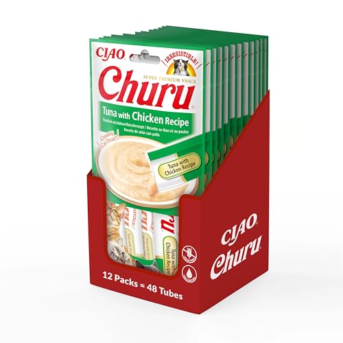 Ciao Churu Sticks by INABA Cat Treat - Tuna & Chicken Flavour 12 Pack (48 x 14g total) / Soft & Creamy Cat Treat, Delicious & Healthy Snack, Pill Assist, Natural, Grain Free