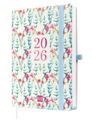 Finocam - Planner 2026 1 Day to View | January - December (12 months) | A5 Planner with elastic band and knitted tape | Softcover Capri - Happy - International