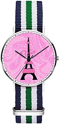 Women 36mm Stainless Steel Silver Classic Quartz Eiffel Tower Paris Watch Blue White Gree White Blue Nylon Replaceable Multi-Color Striped Nylon Band, Under 20 Dollar Amout
