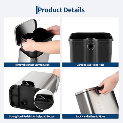12L Stainless Steel Trash Can for Kitchen, Office, Bathroom – Rectangular, Soft-Close Lid, Foot Pedal, Removable Bucket, Fingerprint-Proof, Space-Saving,Silver