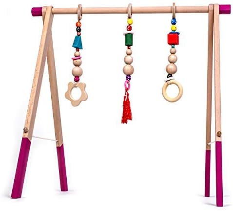 INGODI Wooden Mobile Baby Play Gym Toy Activity Set with 3 Gym Teether Toys, Handmade Natural Wood Play Gym for Babies (Pink)