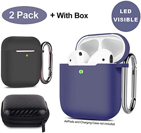 AirPods Case [Front LED Visible] Silicone Case Cover Ultra Thin Protective Case Skin with Keychain for Apple AirPods 2 & 1 Charging Case 2 Pack [Supports Wireless Charging] (Navy Blue & Black)